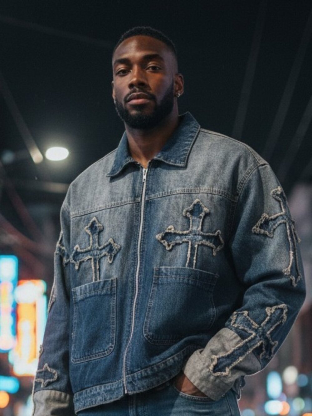 BoohooMAN Distressed Cross Denim Jacket – Men’s XL